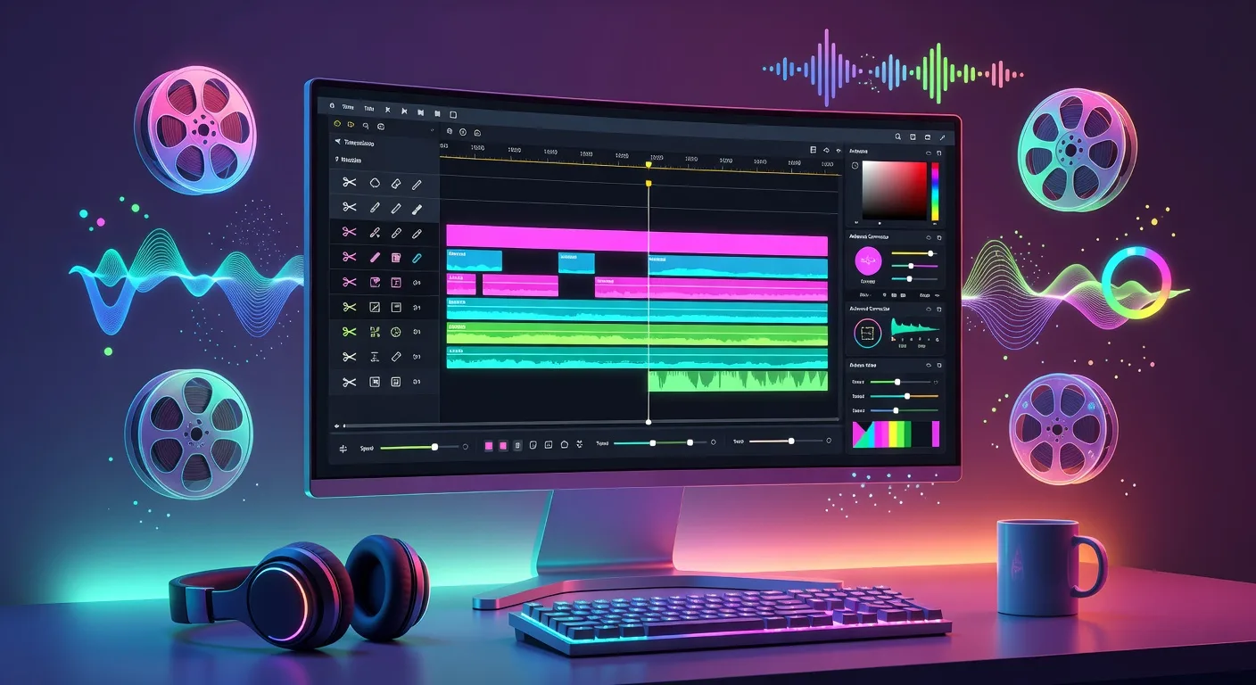 Synthwave Video Editing Workstation With Holographic Elements