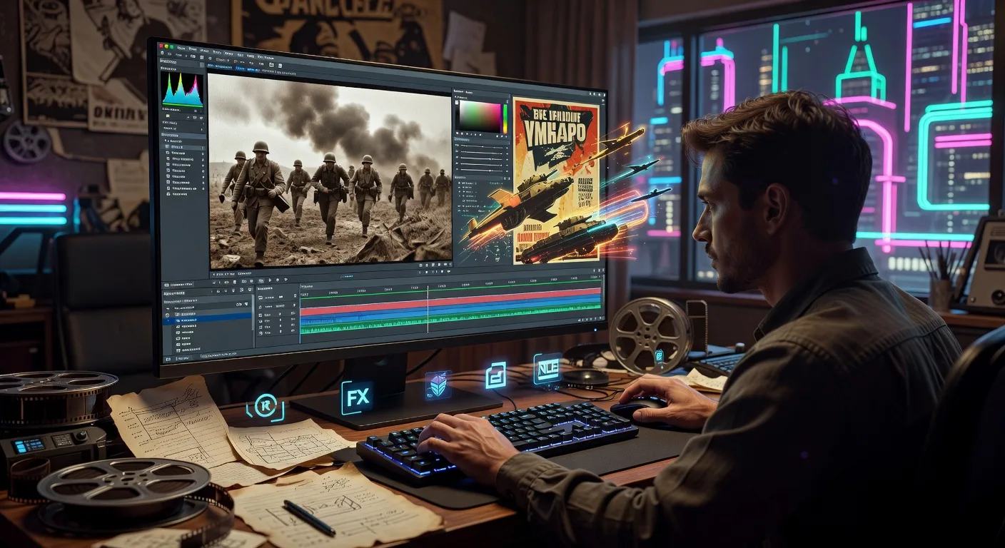 Video Editor Crafting Wwii Footage in Cyberpunk Studio