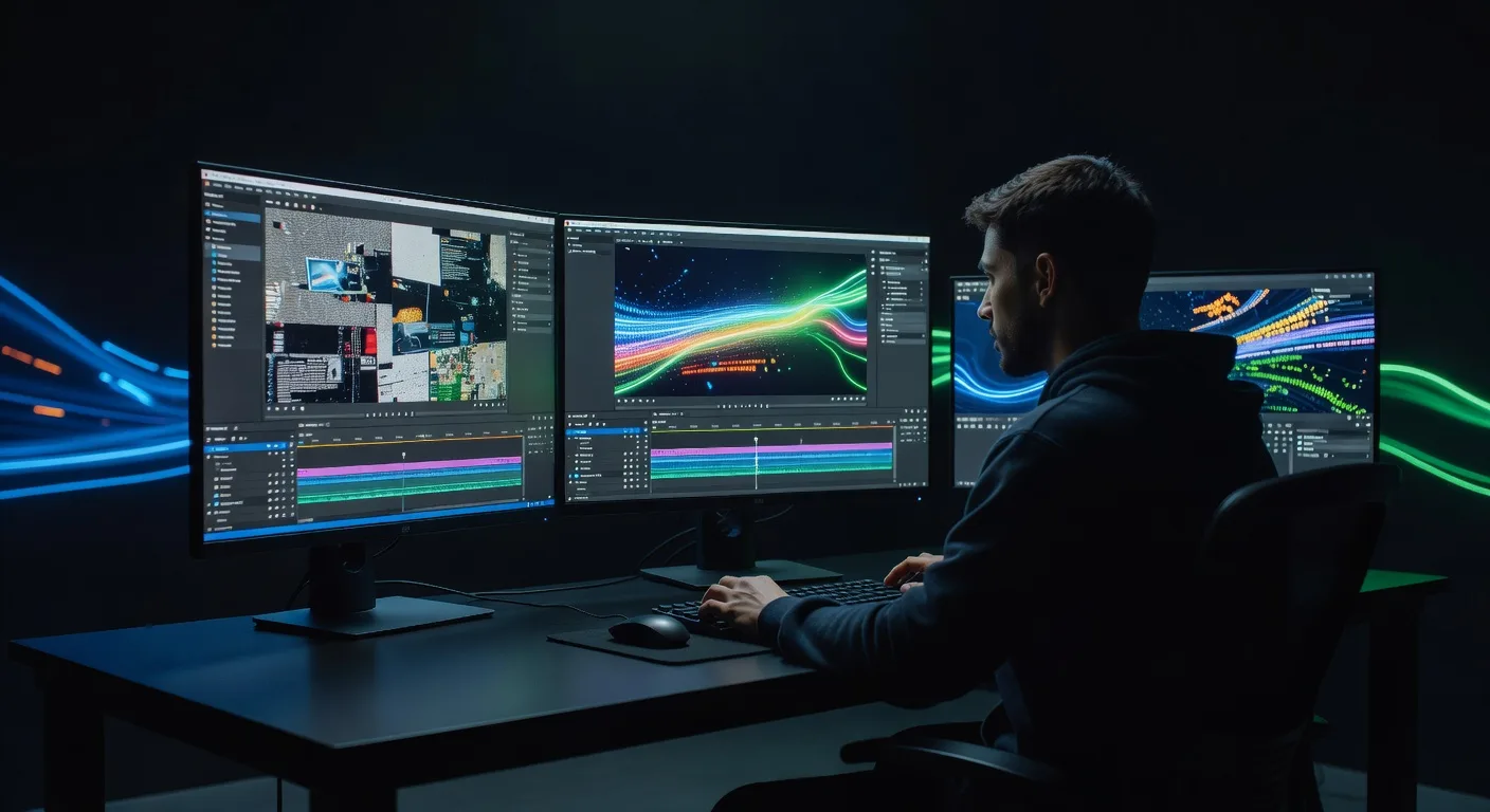 Content Creator Editing Videos in Modern Studio